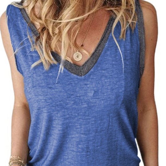 Dreamkue Tops - Dreamkue Blue Gray Contrast V Neck Sleeveless Top 2XL Plus Casual Tank